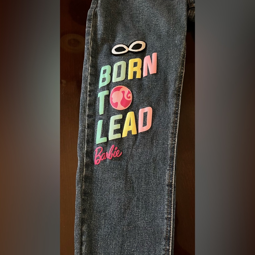 Barbie Graphic girls blue jeans size 14 patches frayed ankle - Picture 4 of 9